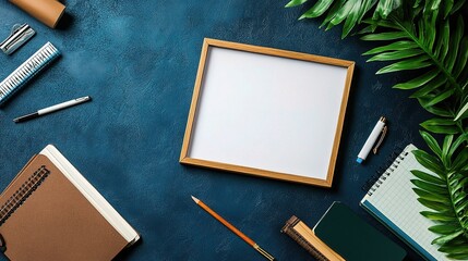 Creative Workspace Desk with Blank Frame and Stationery Items