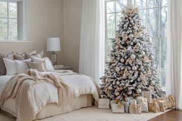 Festive Christmas tree in a cozy bedroom with gifts