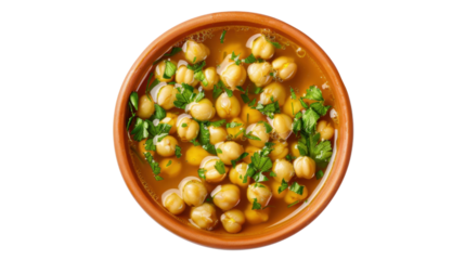 Chickpea soup garnished with fresh parsley in terracotta bowl on transparent background