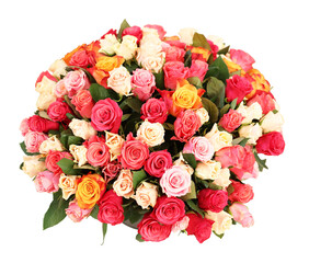 Bouquet of beautiful roses on white table indoors, top view