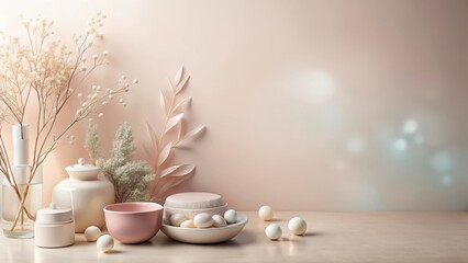 Fototapeta premium Serene Minimalist Still Life with Pastel Ceramics and Dried Botanicals on a Neutral Background