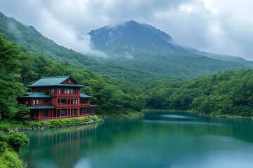 Fototapeta premium A scenic lake reflects a building amidst mountainous forested landscape