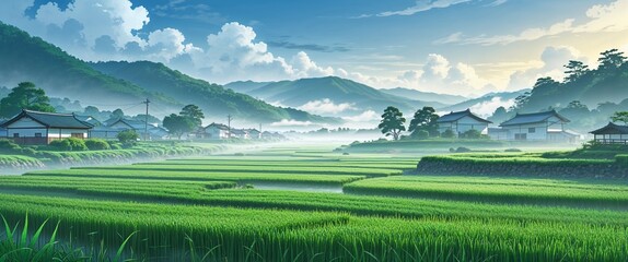 cartoon Foggy rice fields with morning dew in rural Japan anime illustration art design