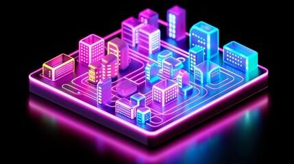 Abstract digital city illustration with colorful neon lights, symbolizing tech