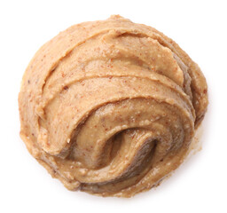 Sample of tasty nut butter isolated on white, top view