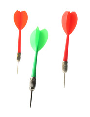 Colorful dart arrows in air isolated on white. Sports equipment