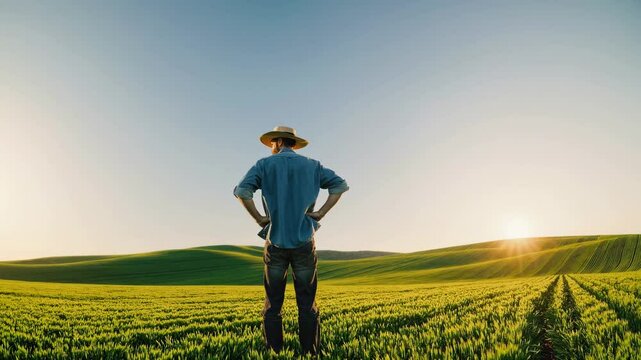 Male farmer standing in wheat field at sunrise, wearing blue shirt and wide-brimmed hat, observing agricultural landscape with hands on hips