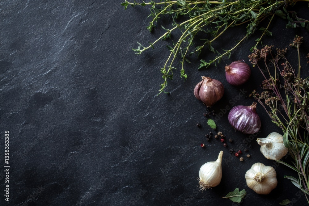 Poster premium organic vegetables artistically arranged on dark slate with rich textures and soft shadows g