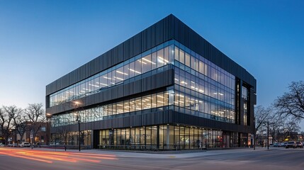 Obraz premium Modern Office Building in Downtown Saskatoon at Dusk