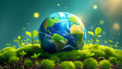 A photorealistic digital illustration of Earth resting on lush green moss, surrounded by small vibrant plant sprouts symbolizing new life.
