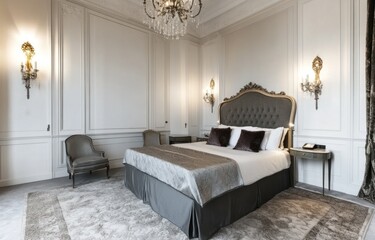 Elegant bedroom with king-size bed, wall paneling, and crystal chandelier.