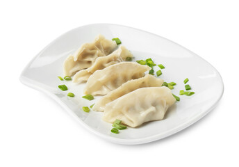 Tasty boiled gyoza (dumplings) with green onion on white background