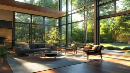 Fototapeta premium Modern Living Room with Large Windows and Sunlight