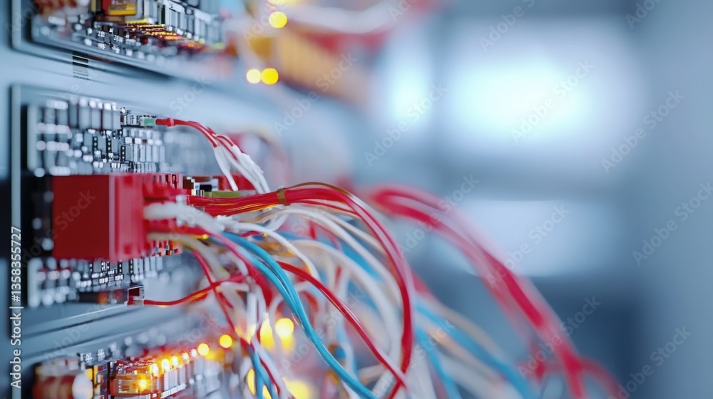 Poster close up of secure data center wires with glowing led lights