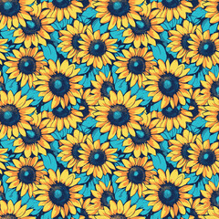 Seamless sunflower pattern with bright yellow petals on blue background