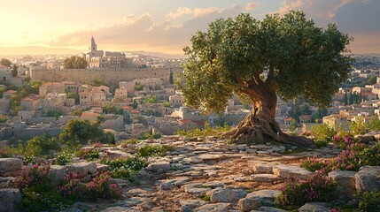 Naklejka premium Ancient city with olive tree