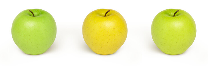 Whole green apple fruit isolated set. Collection of green and yellow apples isolated on white