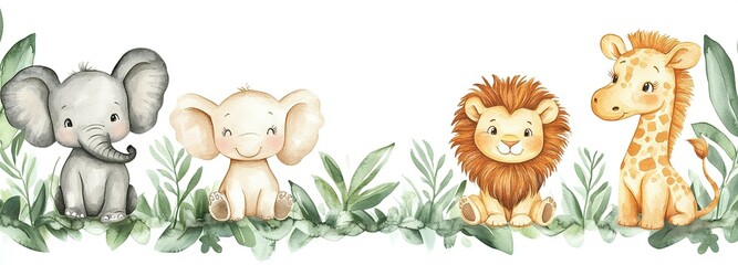 Adorable cartoon illustrations of four safari animals sitting together peacefully