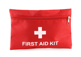 First aid kit with medicaments isolated on white