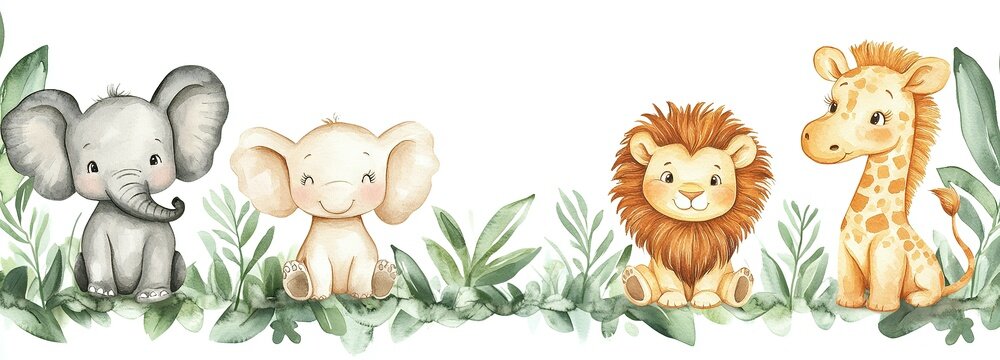 Fototapeta Adorable cartoon illustrations of four safari animals sitting together peacefully