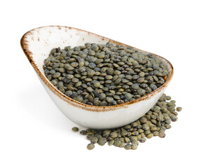 Raw lentils in bowl isolated on white
