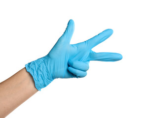 Doctor in medical glove showing three fingers on white background, closeup