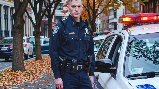 Male police officer in dark blue uniform standing next to patrol vehicle, surrounded by fallen autumn leaves and urban street scene with trees and buildings