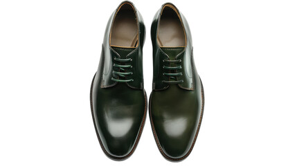 Pair of stylish green leather men's dress shoes isolated on transparent background