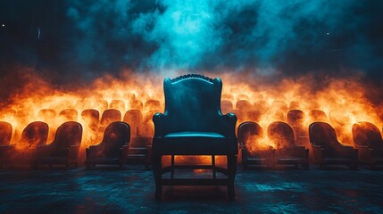 Empty theater, single chair, dramatic lighting