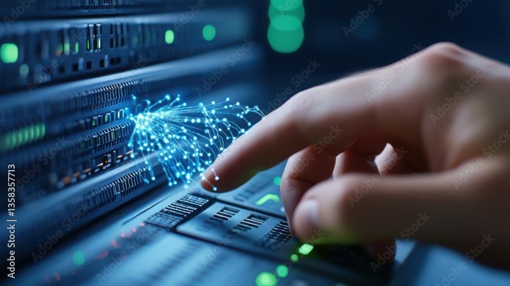 Poster Close-Up of Hands Interacting with Server Hardware in Data Center