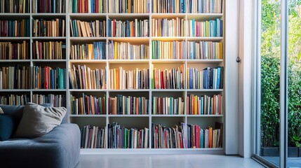 Modern Clean Bookcase Filled with Colorful Books in Bright Room