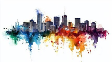 Artistic representation of a city skyline in soft watercolor hues.