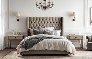 Elegant bedroom with tufted headboard, bedding, and nightstands.