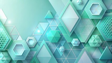 Fototapeta premium Abstract Geometric Shapes in Teal and Aqua Tones, a Modern Design Featuring Overlapping Triangles, Hexagons, and Cubes in a Dynamic Composition