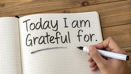 Hand holding a black marker writing Today I Am Grateful For' in a notebook, emphasizing gratitude, self reflection and daily mindfulness routines