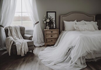 Elegant bedroom with white bedding, sheer fabric, and rustic wood furniture.