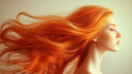 Fiery redhead's flowing locks.  A captivating portrait of a woman with vibrant, windswept, ginger-colored hair.  Soft lighting highlights her delicate features