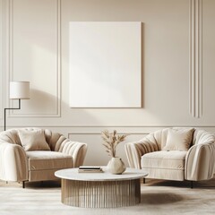 Elegant beige living room interior with two armchairs, coffee table, and blank canvas.