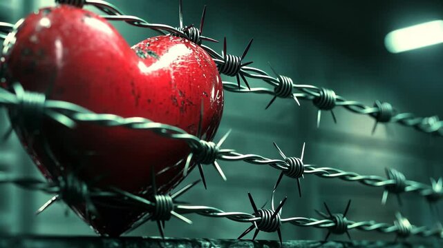 Heart encased in barbed wire symbolizes pain and love in urban setting