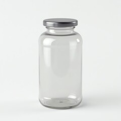 Empty transparent glass jar with metal lid on white background.