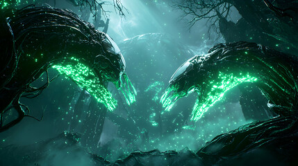 Eerie scene of two abstract structures with glowing green energy in a dark forest setting Perfect for fantasy or sci-fi game environments.