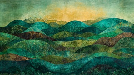 Naklejka premium Abstract Green and Gold Mountain Landscape