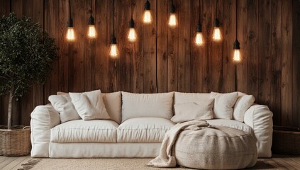 Rustic living room with cream sofa, wooden wall, and Edison bulbs