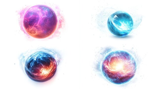 Four glowing orbs, pink, blue, orange, and purple energy spheres. - Powered by Adobe