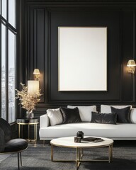 Elegant black and white living room interior with a large blank canvas.