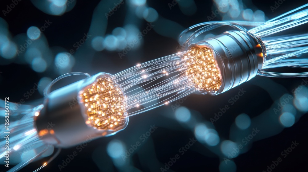 Poster macro view of glowing fiber optic cable ends with abstract background