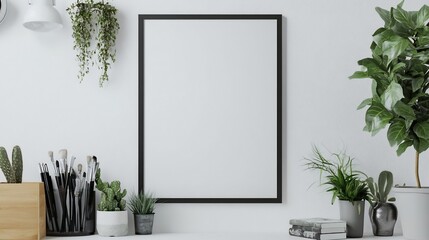 Creative workspace with a blank poster frame on a white wall ready for personalized artwork