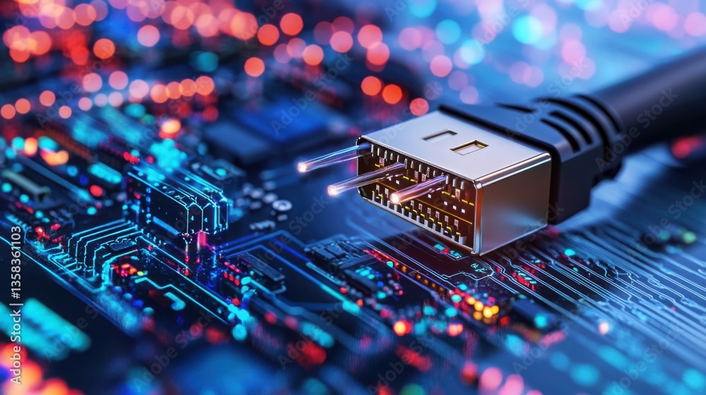 Fototapete Detailed Macro View of Ethernet Port Connection on Circuit Board