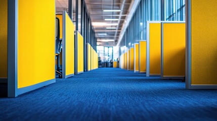 Fototapeta premium Bright Yellow Cubicles in Modern Office with Blue Carpet Flooring
