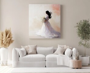 Elegant bride in flowing gown holding bouquet, art print in living room.